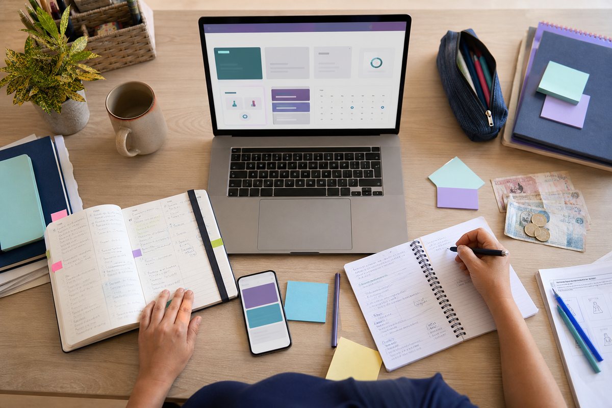 Mesa de professor com agenda, anotações, celular, materiais e um painel central de organização